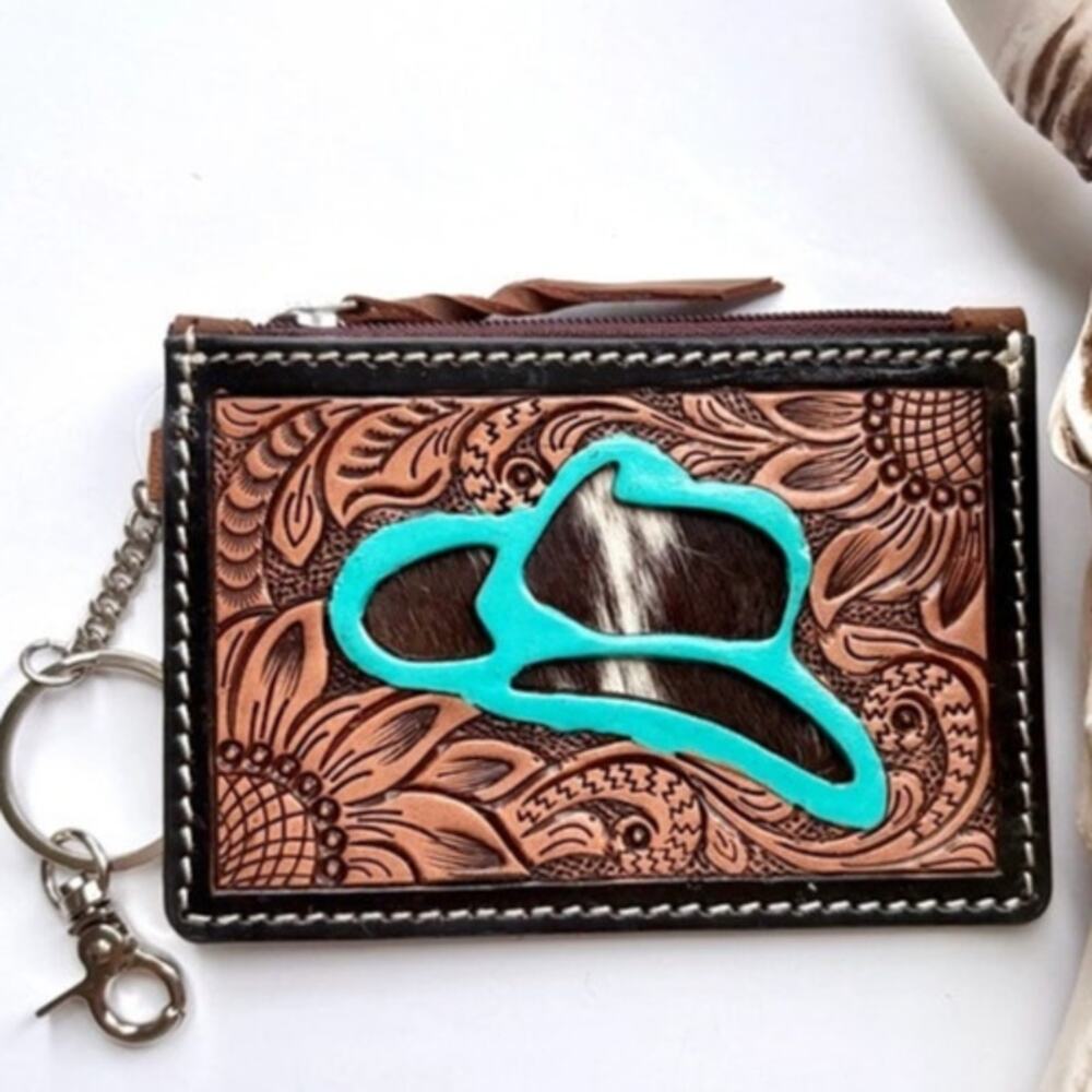 Cowhide Cowboy Hat Tooled Leather Keychain Wallet